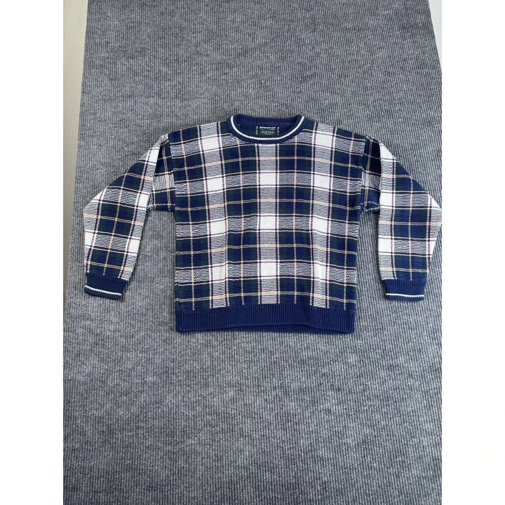 Vintage Hunt Club XL Blue Plaid Cotton Tight-Knit Crew‎ Neck Long Sleeve Sweater